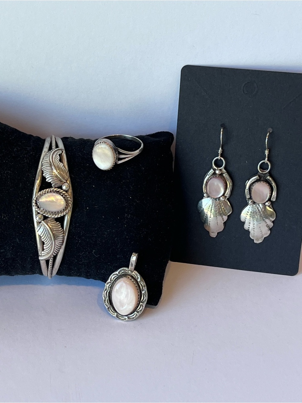 Sterling Silver Set Navajo Cuff Earrings Ring Pendant Mother of Pearl